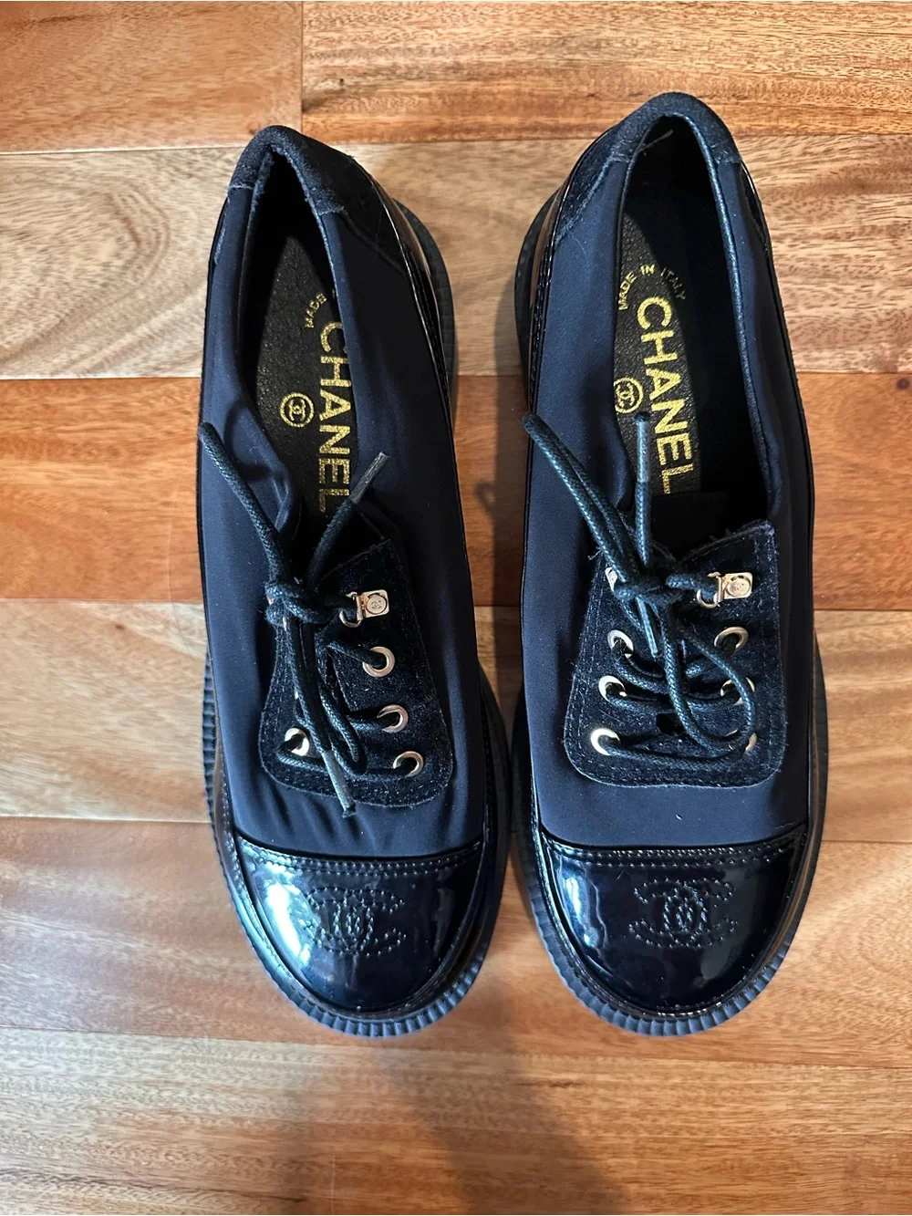 CHANEL Black Lace-Up Platform Trainers with Patent Cap Toe